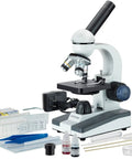 Portable Student Microscope with Slide Prep Kit, 40X-1000X Magnification, 360 Degree Rotatable Head, LED Illumination shown with accessories.