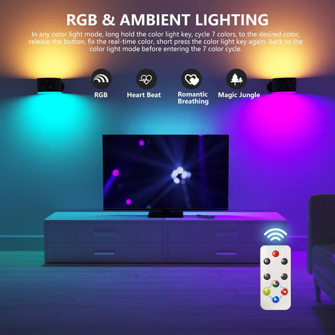 Up And Down LED Wall Sconce With Battery Power illuminating wall in RGB colors using remote control, ideal for living room