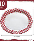 Kickin Vibes Red Gingham Oval Paper Plates 40 Count 10 X 12 Inch Heavy Duty Disposable, featuring a red plaid design.