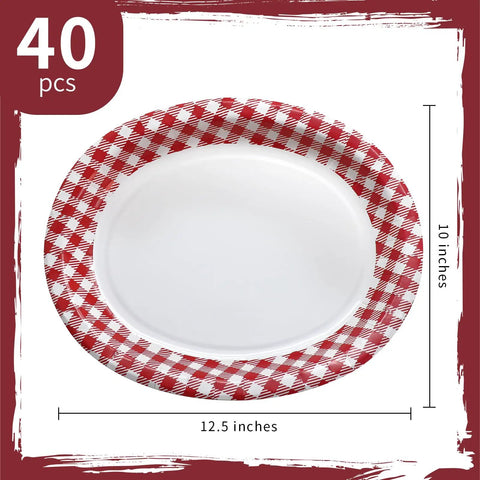 Kickin Vibes Red Gingham Oval Paper Plates 40 Count 10 X 12 Inch Heavy Duty Disposable, featuring a red plaid design.