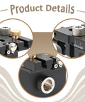 Close-up of Rock Solid Precision 3 In 1 Doweling Jig Drill Guide showing brass and aluminum details, adjustable parts and precision markings.
