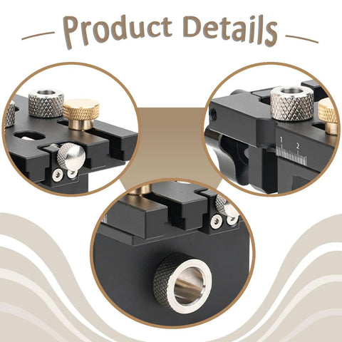 Close-up of Rock Solid Precision 3 In 1 Doweling Jig Drill Guide showing brass and aluminum details, adjustable parts and precision markings.