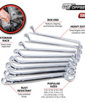 8 Piece Offset SAE Box Wrench Set With 12 Point Box End Design For Easy Access; chrome vanadium steel wrenches displayed.