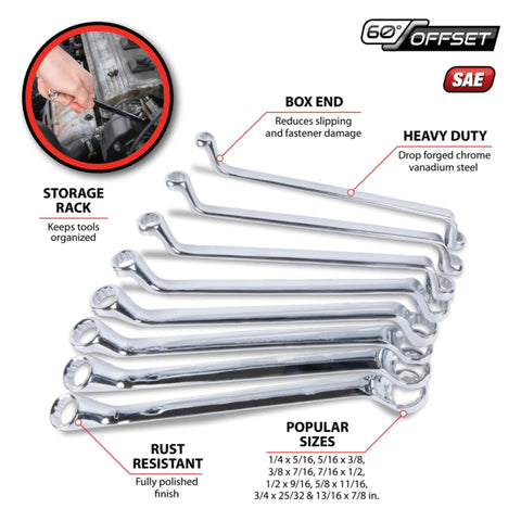 8 Piece Offset SAE Box Wrench Set With 12 Point Box End Design For Easy Access; chrome vanadium steel wrenches displayed.
