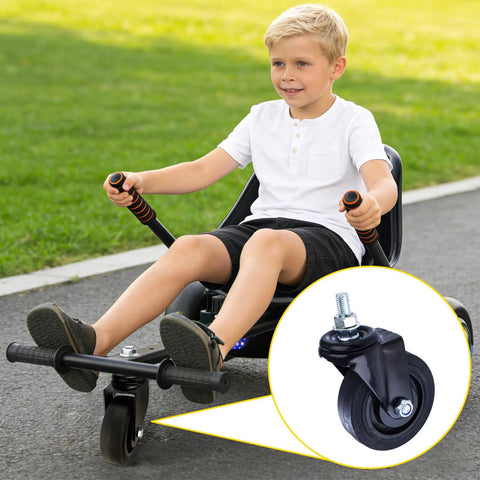 Child riding a kart with inset of Heavy Duty 4 Inch Stem Caster Wheel With Threaded Stem Quiet 360 Degree Swivel For Cart Furniture Office Desk Chair