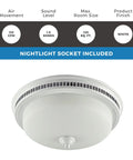Decorative Round Bathroom Vent Fan With Light And Glass Globe, 110 CFM White Ceiling Exhaust, Quiet 1.5 Sones, Nightlight, 9x9 Opening
