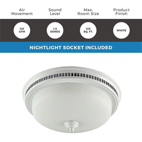 Decorative Round Bathroom Vent Fan With Light And Glass Globe, 110 CFM White Ceiling Exhaust, Quiet 1.5 Sones, Nightlight, 9x9 Opening