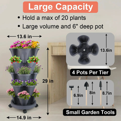 Vertical Planter Tower Five Tier Stackable Garden Planters With Lockable Wheels for large capacity planting indoors or outdoors.