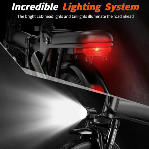 City Slicker Foldable Electric Bike For Adults And Commuters With 500W Motor And 25 MPH Top Speed 48V 12Ah Battery Delivers About 35 Mile Range Handles 30 Degree Hills Three Level Pedal Assist 14 Inch Wheels Dual Disc Brakes UL 2849 Certified rear LED light and headlight close-up