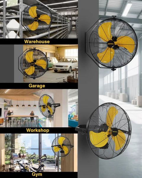 Beefy Waterproof 20 Inch Wall Mount Fan With High Velocity Airflow, 3 Speed Settings Delivering 4650 CFM, Heavy Duty Workhorse displayed in various settings.
