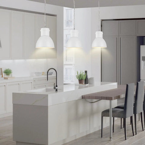 BoostArea White Pendant Light Kitchen Island with industrial design, white metal finish, hanging above modern kitchen island.