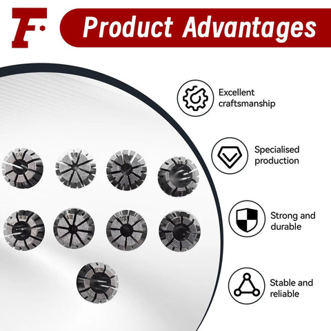 Nine Piece ER16 Spring Collet Set For CNC Milling Lathe Tools One Eighth To Three Eighths Inch Sizes in packaging with benefits listed