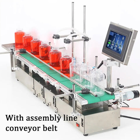 Heavy Duty Double Head Liquid Filling Machine With Belt Conveyor And Digital Control Built Different For Perfume Oil And Juice Bottling Operations showing red-filled jars on conveyor.