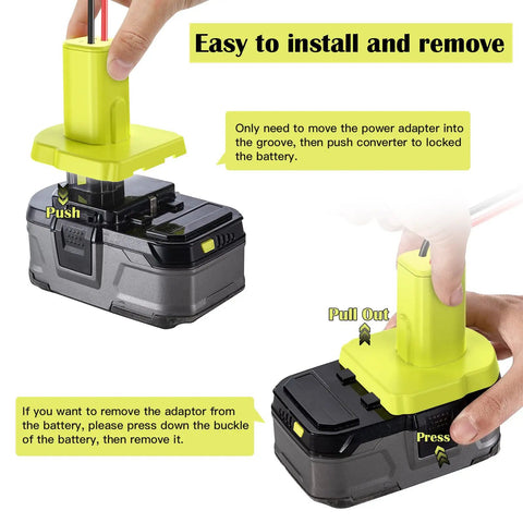 Demonstration of how to install and remove 2 Pack Power Wheels Adapter Kit for Ryobi 18V Battery with 30A Fuses.