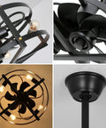 Caged Ceiling Fan With Remote Control And Light, Farmhouse Flush Mount Industrial Low Profile, close-up angles of blades and light