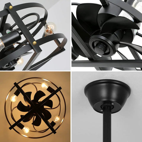 Caged Ceiling Fan With Remote Control And Light, Farmhouse Flush Mount Industrial Low Profile, close-up angles of blades and light
