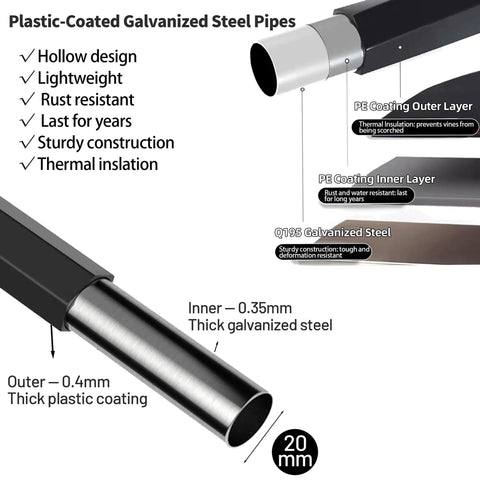 Plastic-coated galvanized steel pipes for 7.9 Foot Metal Garden Arch Trellis For Outdoor Climbing Plants, detail of construction layers.