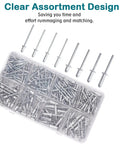 Aluminum Blind Rivet Kit, 200 Piece Assortment With 8 Size Varieties, clear plastic box showcasing durable pop rivets for repairs.