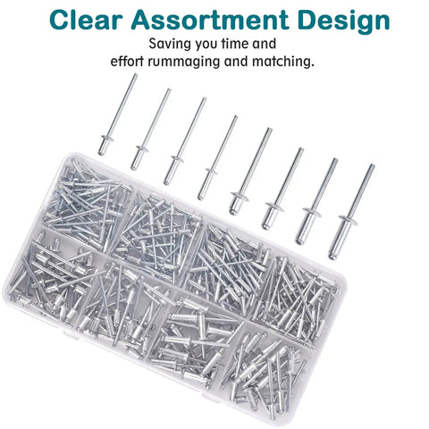 Aluminum Blind Rivet Kit, 200 Piece Assortment With 8 Size Varieties, clear plastic box showcasing durable pop rivets for repairs.
