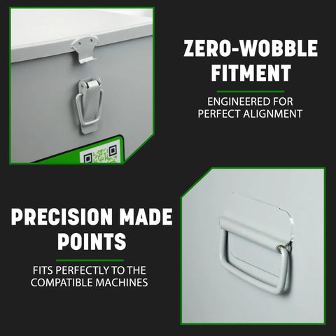 Hella Tough Steel Storage Gang Box For Electricians Measuring Twenty Two By Twenty Two By Eighteen Inches With Spring Loaded Hinges, showing zero-wobble fitment design.
