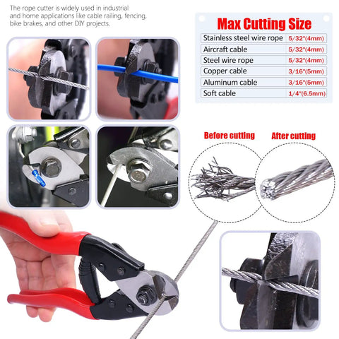 Close-up of Beefy Heavy Duty Wire Rope Crimping Tool Kit in use, cutting stainless steel wire rope before and after.