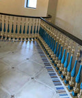 Top Shelf Aluminum Baluster Spindles With 270 Degree Tilt Bracket For Adjustable Stair Railing Decks And Patios Heavy Duty Guard Posts Quick Floor Mount 15 Pack 37 Inch Tall gold and blue spindles on a staircase