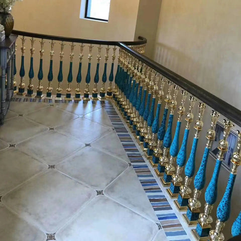 Top Shelf Aluminum Baluster Spindles With 270 Degree Tilt Bracket For Adjustable Stair Railing Decks And Patios Heavy Duty Guard Posts Quick Floor Mount 15 Pack 37 Inch Tall gold and blue spindles on a staircase