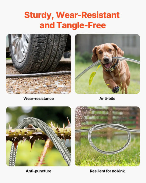 Stainless Steel Garden Hose 50 Ft With 10 Function Spray Nozzle, Built Tough Heavy Duty Flexible Water Hose showing durability against car, dog, thorns, and maintaining shape on ground.