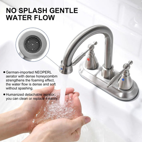 Brushed Nickel Two Handle Centerset Bathroom Faucet For 4 Inch Sinks showing gentle water flow on hands.