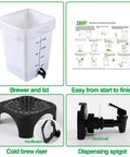 5 Gallon Commercial Cold Brew System For Home Office Or Small Cafe That Lets You Brew Big Batches For A Week Or More Plus No Mess Spigot And Food Grade Materials With A Handy Recipe Guide Included showing components: brewer, guide, riser, spigot.