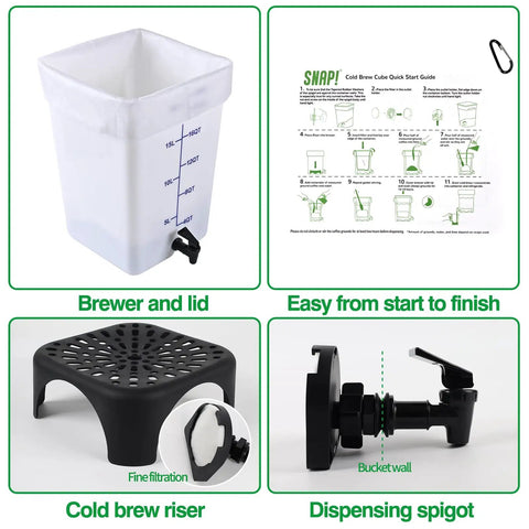 5 Gallon Commercial Cold Brew System For Home Office Or Small Cafe That Lets You Brew Big Batches For A Week Or More Plus No Mess Spigot And Food Grade Materials With A Handy Recipe Guide Included showing components: brewer, guide, riser, spigot.