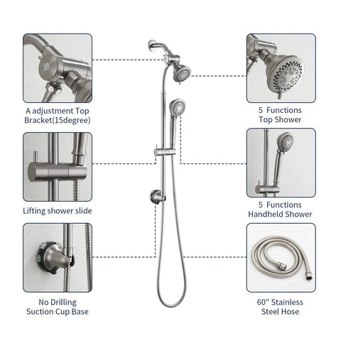 High Pressure Shower Head With Handheld Combo In Brushed Nickel showing 5 settings and 60 inch stainless steel slide bar.