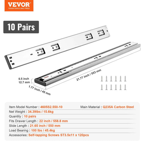 Soft Close Drawer Slides Set 10 Pairs 22 Inch Heavy Duty Full Extension Side Mount Ball Bearing Glides For Kitchen Cabinets And Drawers 100 Pound Load Capacity Pro Grade Quiet Smooth Close, 10 pairs
