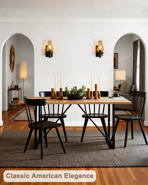 Rustic Farmhouse Wall Sconce Lighting With Vintage Kerosene Lamp Shape glass shade in modern dining room, matte black finish