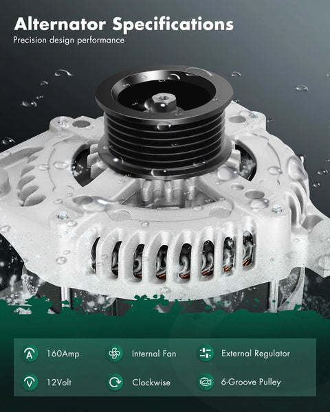 Beefed Up 160 Amp High Output Alternator Replacement for Chrysler Town and Country front view showing 6-groove pulley