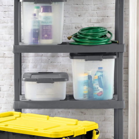 18 Pack Plastic Storage Bins With Lids 25 Quart Gray Shelf Totes Heavy Duty Durable Clear Containers Fits Standard Shelving Made In Usa on shelves with cleaning supplies.