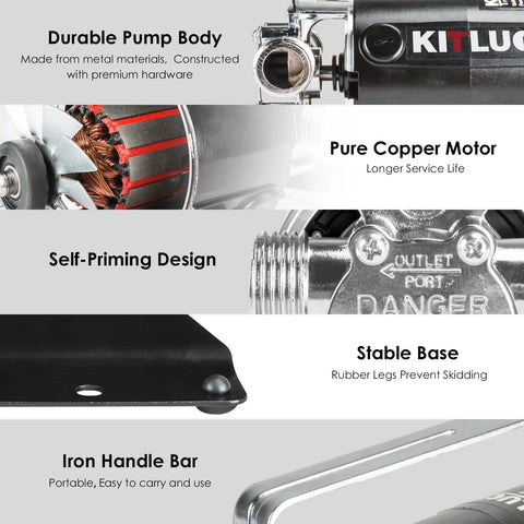 Close-up of Portable 115V 1/10HP Water Transfer Pump Kit with features like pure copper motor, self-priming design, and stable base.