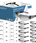 Image of Clear Safety Glasses Bulk Pack 24 Pairs Go-To Eye Protection For Lab Construction ANSI Z87.1 Impact Resistant Eyewear Individually Wrapped Daily Use Everyday with safety glasses and packaging.