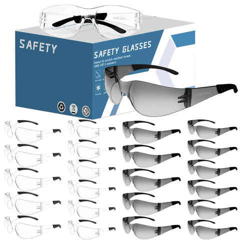 Image of Clear Safety Glasses Bulk Pack 24 Pairs Go-To Eye Protection For Lab Construction ANSI Z87.1 Impact Resistant Eyewear Individually Wrapped Daily Use Everyday with safety glasses and packaging.