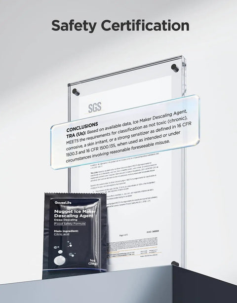 Safety certification display with Nugget Ice Maker Descaler For H8120 6 Pack Descaling Solution Keeps Nugget Ice Machines Clean And Scale Free Safe Tubing Prevents Corrosion Easy To Mix And Use Ideal For Home Bar And Kitchen.