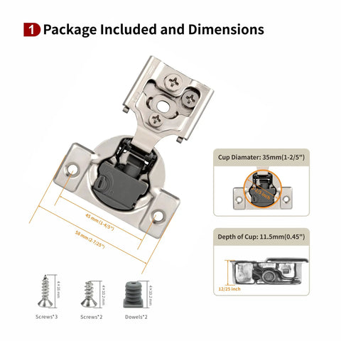 20 Pcs Half Inch Overlay Soft Close Cabinet Hinges With Built In Damper And 4D Adjustment System For Vertical Horizontal Depth And Closing Speed 35mm Cup Diameter And 11.5mm Cup Depth Included Screws For Easy Silent Cabinet Door Closure, nickel-plated hinge with screws and dowels