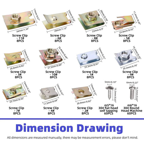 183 Pcs Automotive U Clips And Screws Kit With 11 Sizes U Style Clip On Nuts And Phillips Screws Dimension Drawing