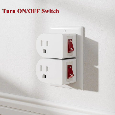 Two white grounded outlet adapters with red on/off switch stacked, showing side view. Three Pack Grounded Outlet Wall Tap Adapter With Power Switch White For Controlling Lamps And Small Appliances On A Tight Budget Single Outlet With Easy Flip Switch That Lets You Save Energy Without Sacrificing Convenience.
