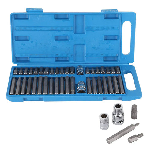 Open blue toolbox with 40 Piece Star Spline Hex Socket Bit Set With One Half Inch And Three Eighth Inch Square Drive