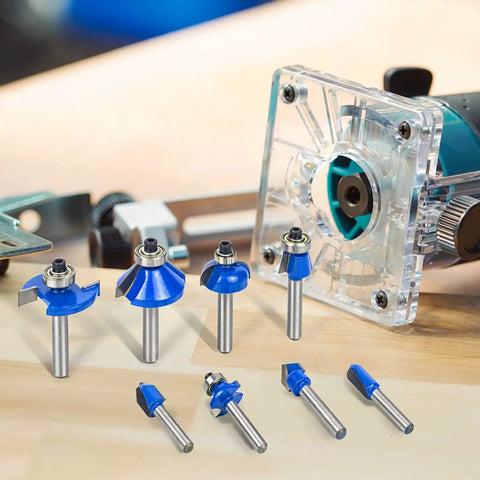 24 Piece 1/4 Inch Shank Router Bit Set With Tungsten Carbide Blades For Woodworking, Pro Grade Quality And Dope Value displayed on table