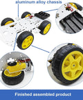 DIY Robot Smart Car Metal Chassis Kit With 4WD TT Motors And Speed Encoder Learn Arduino Microbit Raspberry Pi For Adults 15 Plus Unassembled Gear Up For STEM Projects And Custom Sensor Integration with yellow wheels and metal alloy frame.