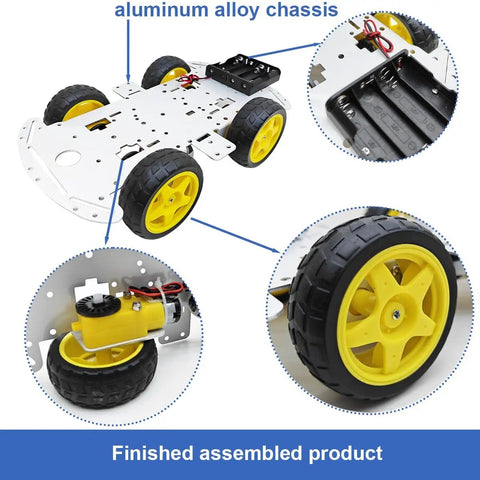 DIY Robot Smart Car Metal Chassis Kit With 4WD TT Motors And Speed Encoder Learn Arduino Microbit Raspberry Pi For Adults 15 Plus Unassembled Gear Up For STEM Projects And Custom Sensor Integration with yellow wheels and metal alloy frame.
