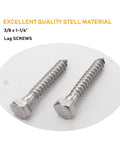 Two 3/8 In. X 1-1/4 In. Hex Lag Screws Crafted From Grade 304 Stainless Steel for heavy-duty outdoor framing.