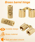 Top Shelf Eight Millimeter Hidden Brass Barrel Hinge Set With No Fuss Installation Drill Bit And Screws For Nailed It 180 Degree Furniture And Jewelry Box Diy Craft Projects shown in brass material, four pieces visible.