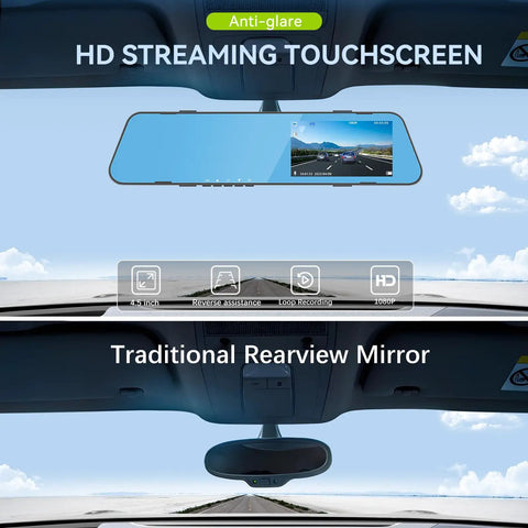 HD touchscreen of 4.5 Inch Mirror Dash Cam With Front And Rear Cameras 1080P Display Dual Lens Loop Recording G Sensor